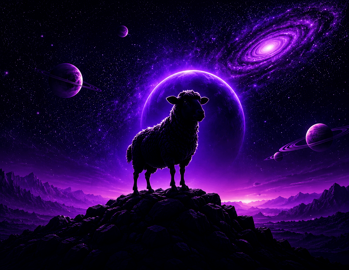 Spacesheep silhouette under a purple galaxy