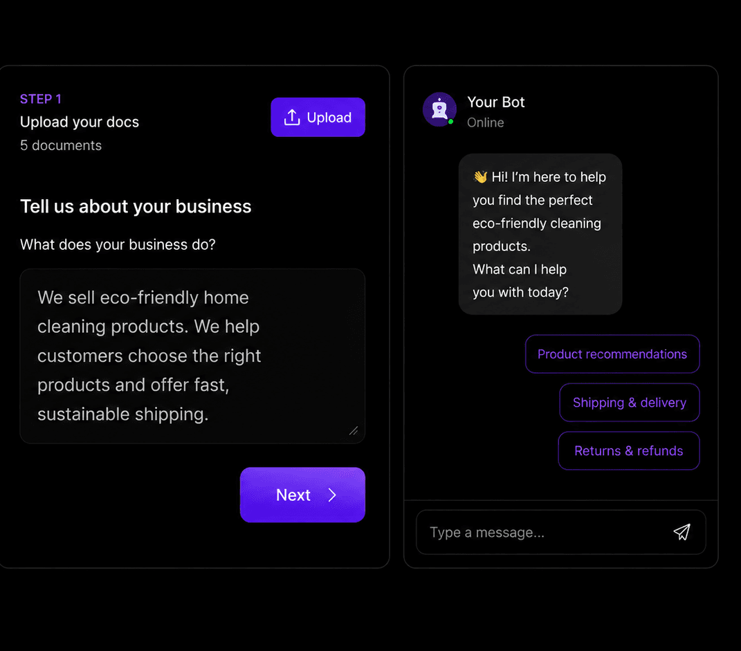 AI Chat Builder business questionnaire with live chat preview